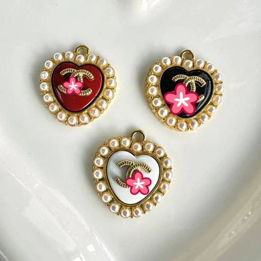 Pearl heart shaped CC metal cabochon with loop 23*25MM / Slow shipping